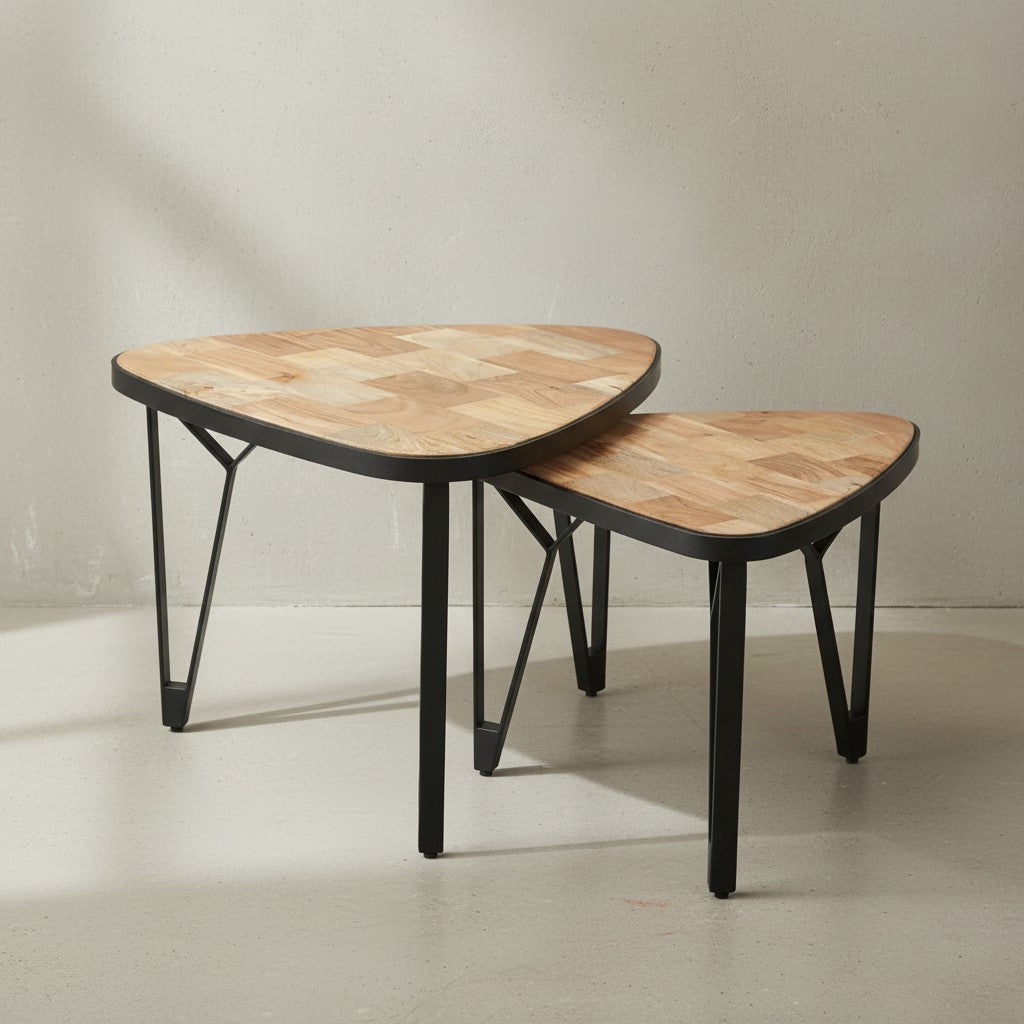Massivholz-Metall Couchtisch Set_ Industrie-Design_ Platzsparend - KADIMA DESIGN_Größe_ 60x60x45 cm_