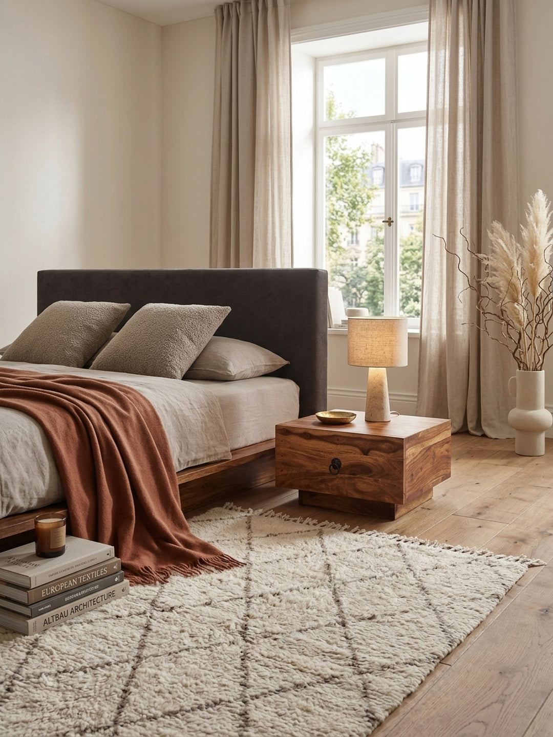 Nachttisch Sheesham Massivholz natur 40x40x25 cm in stilvoller Schlafzimmer-Einrichtung mit Dekoration und Accessoires aus der Vogelperspektive mit Schublade und Ablagefach_