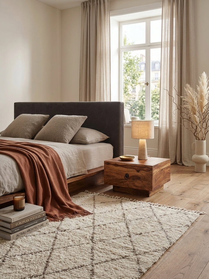 Nachttisch Sheesham Massivholz natur 40x40x25 cm in stilvoller Schlafzimmer-Einrichtung mit Dekoration und Accessoires aus der Vogelperspektive mit Schublade und Ablagefach_