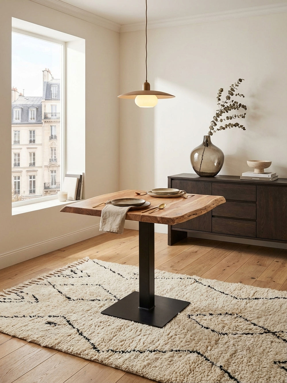 Von oben fotografiert zeigt der quadratische Küchentisch mit Baumkante seine natürliche Holzmaserung, umgeben von zwei modernen Stühlen in einem minimalistischen Esszimmer._