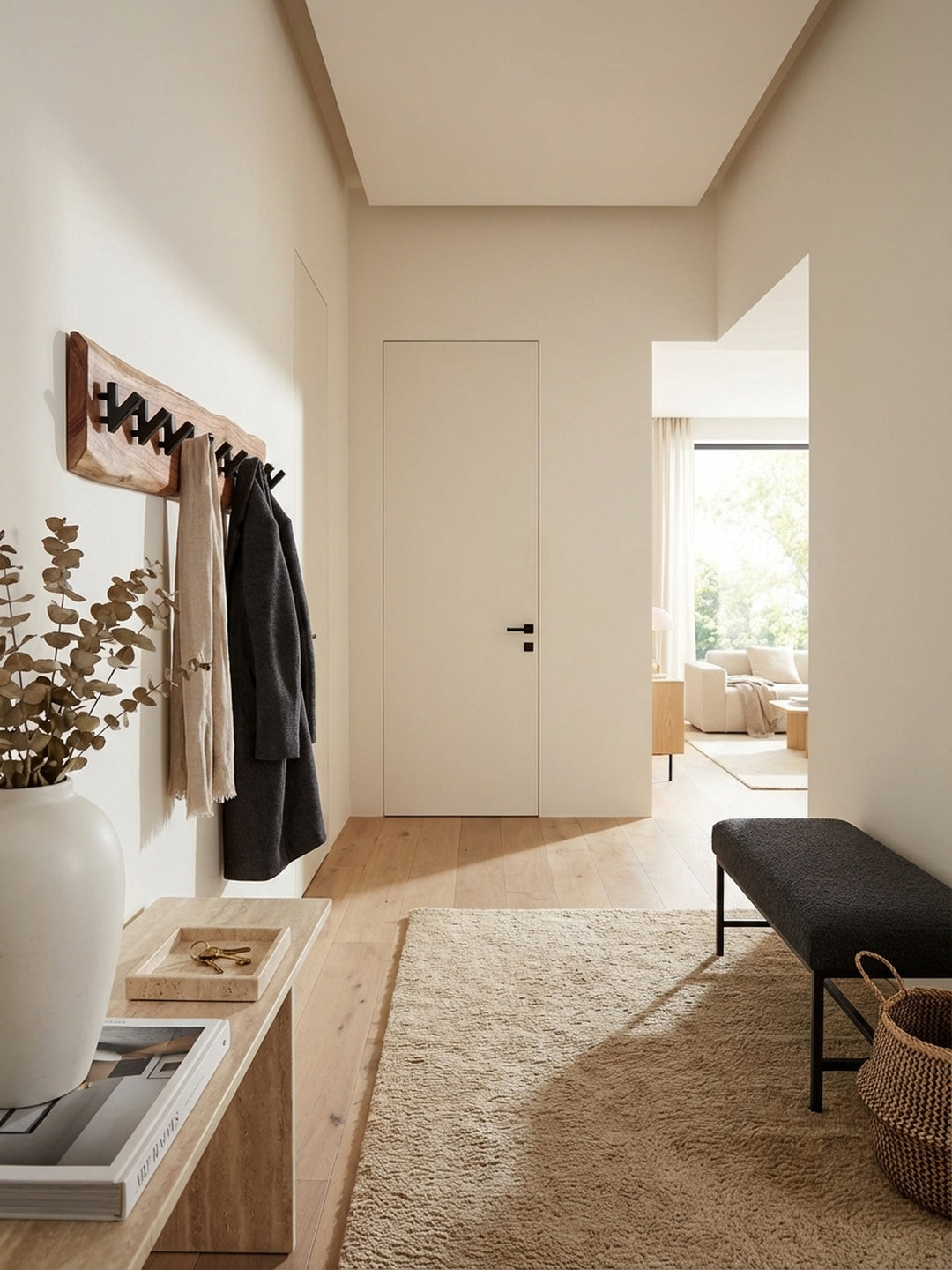 Moderne Wandgarderobe aus Akazie Massivholz mit schwarzen Haken, stilvoll in einem hellen Eingangsbereich mit einem beigen Mantel und einer Tasche dekoriert._