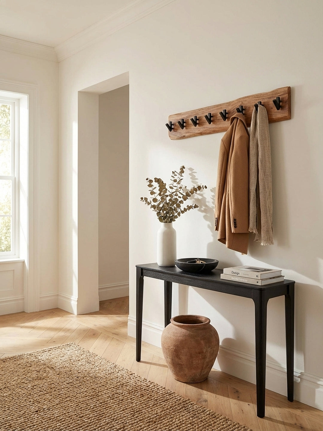 Draufsicht einer 90 cm langen Flurgarderobe aus Holz, die im Flur montiert ist und eine organisierte und einladende Atmosphäre schafft._