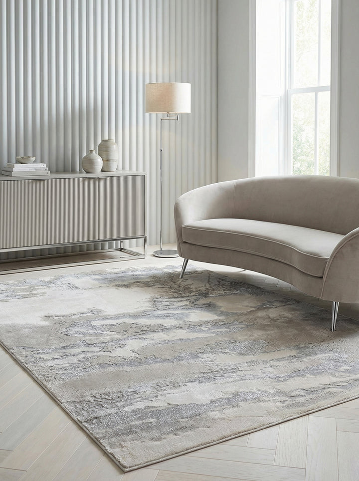 Metallic-Teppich mit Silberfäden_Abstraktes Wolkenmuster in Cremeweiß und Grau_Luxuriös und Pflegeleicht - COMO-Lecco - Kadima Design_