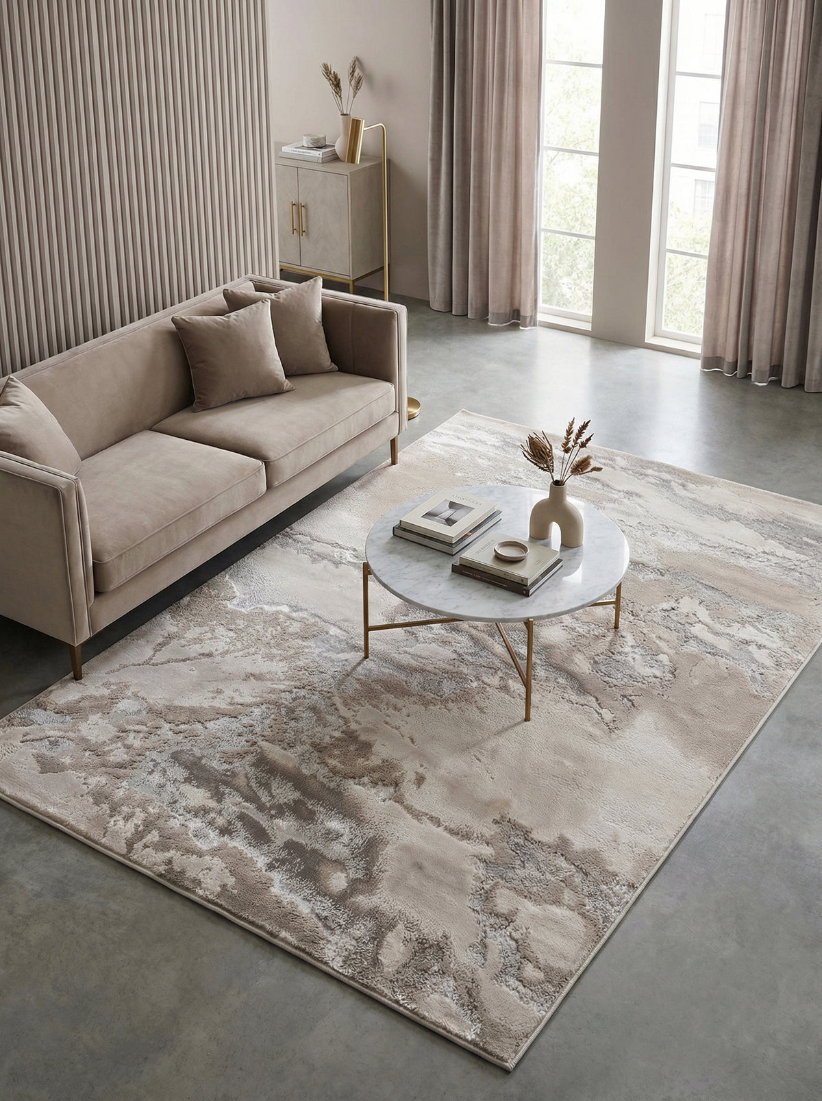 Metallic-Teppich mit Silberfäden_Abstraktes Wolkenmuster in Cremeweiß und Grau_Luxuriös und Pflegeleicht - COMO-Lecco - Kadima Design_
