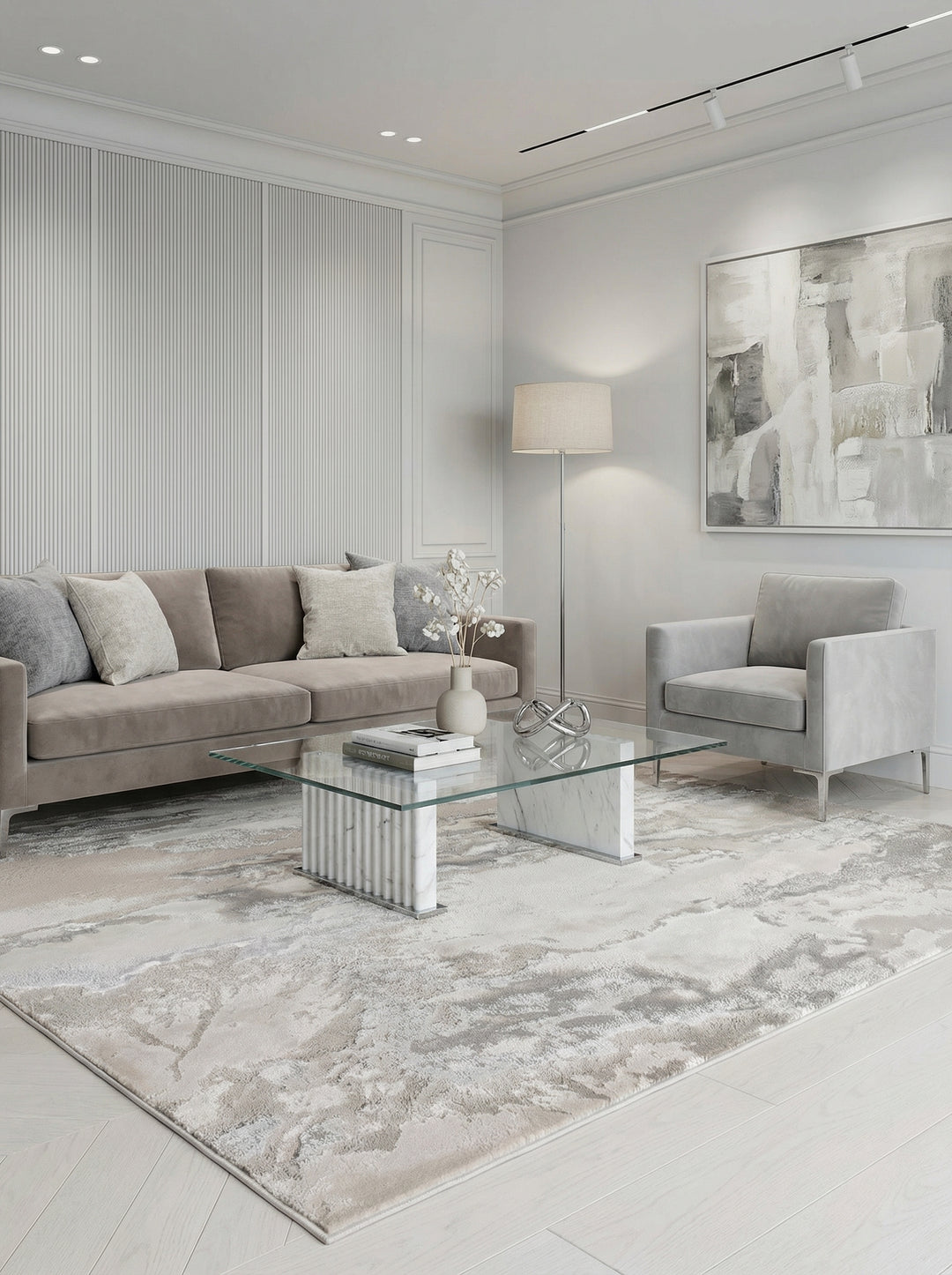 Metallic-Teppich mit Silberfäden_Abstraktes Wolkenmuster in Cremeweiß und Grau_Luxuriös und Pflegeleicht - COMO-Lecco - Kadima Design_