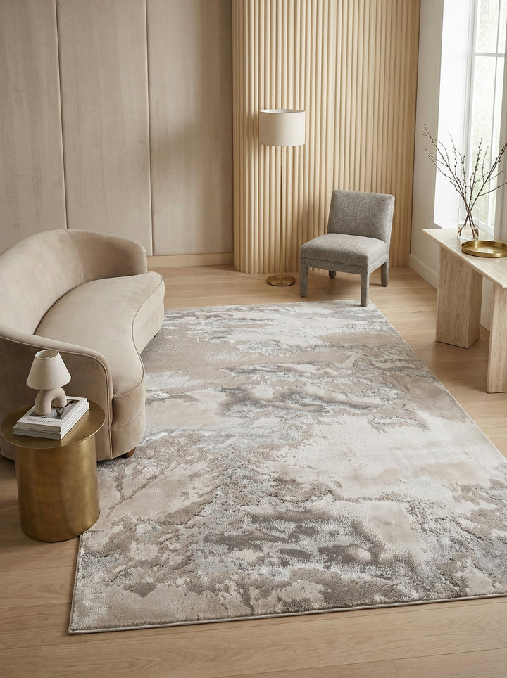 Metallic-Teppich mit Silberfäden_Abstraktes Wolkenmuster in Cremeweiß und Grau_Luxuriös und Pflegeleicht - COMO-Lecco - Kadima Design_