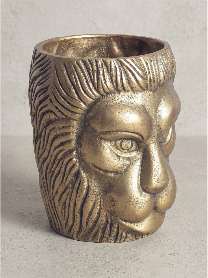 Detailansicht der goldenen Aluminium-Vase, fokussiert auf die plastischen Augen und Schnauze in neutraler Studioumgebung._
