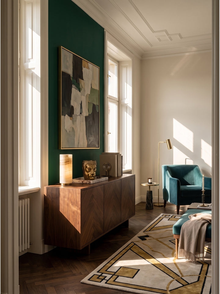 Elegantes Wohnzimmer im Art-Deco-Stil mit goldener Löwenkopf Vase aus Aluminium auf einem dunklen Nussbaum-Sideboard vor tiefgrüner Wand._