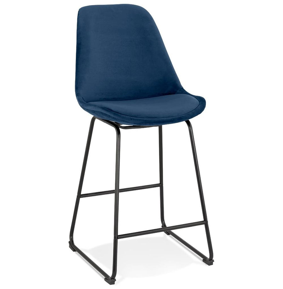 Blauer Samtbarhocker - 67 cm hoch - schwarzes Metallgestell - gepolsterte 40 cm Rückenlehne - Eyecatcher für moderne Küchen - MINORO MINI_