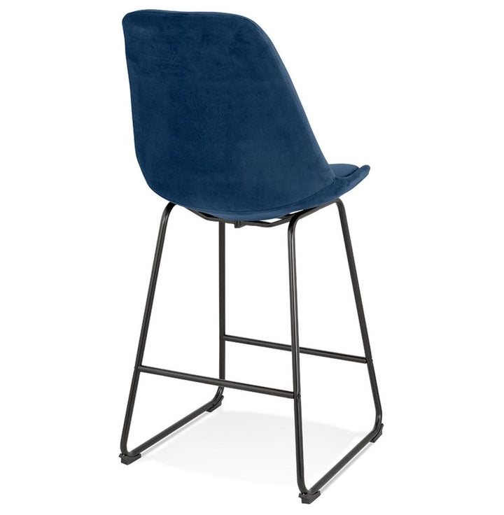 Rückansicht Thekenstuhl - Blaue Samtpolsterung - ergonomische Form - 109 cm Gesamthöhe - ideal für lange Abende an der Bar - MINORO Serie_