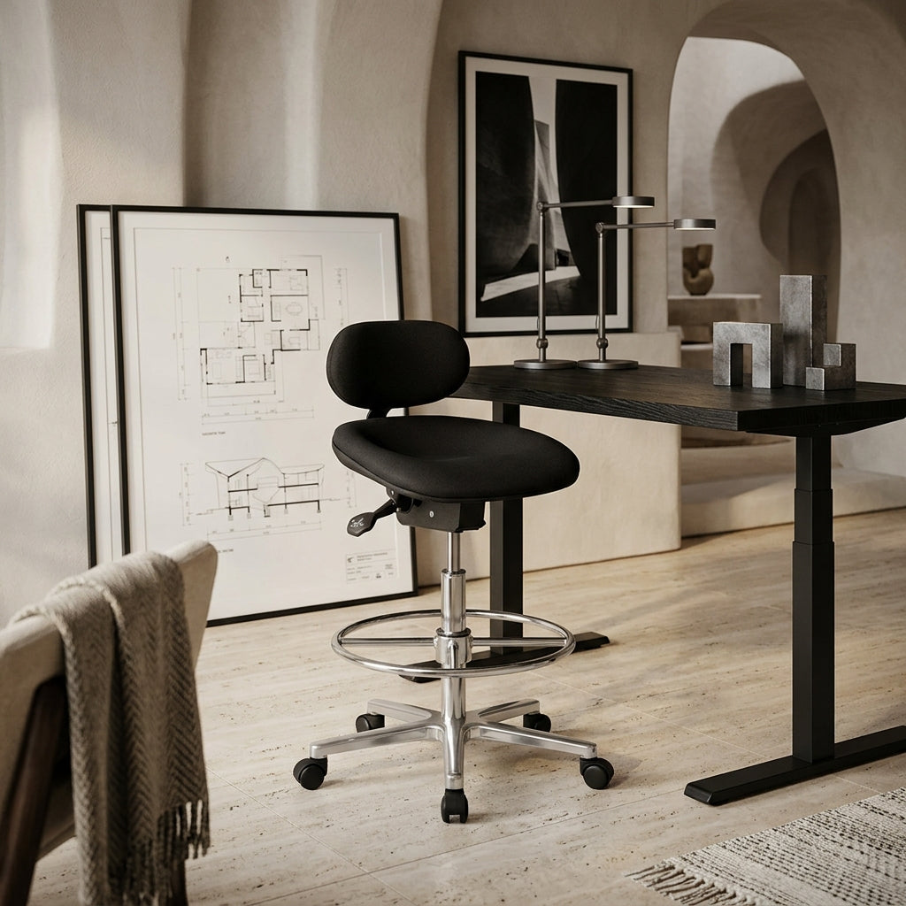 Modena Arbeitsstuhl_ Höhenverstellbare Sitzfläche/Rückenlehne_ PU-Formschaum_ Aluminium-Fußkreuz_ drehbar_ 100.000 Scheuertouren Stoff - KADIMA DESIGN_Größe_ 60x60x114 cm_