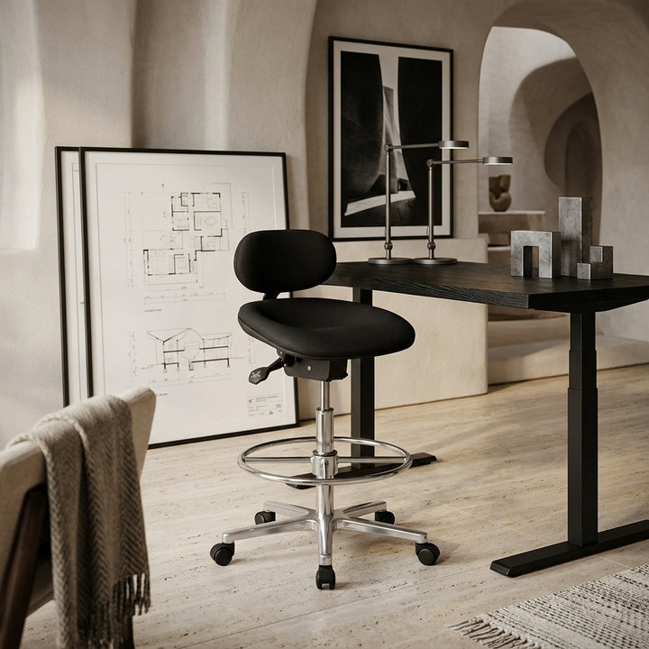 Modena Arbeitsstuhl_ Höhenverstellbare Sitzfläche/Rückenlehne_ PU-Formschaum_ Aluminium-Fußkreuz_ drehbar_ 100.000 Scheuertouren Stoff - KADIMA DESIGN_Größe_ 60x60x114 cm_