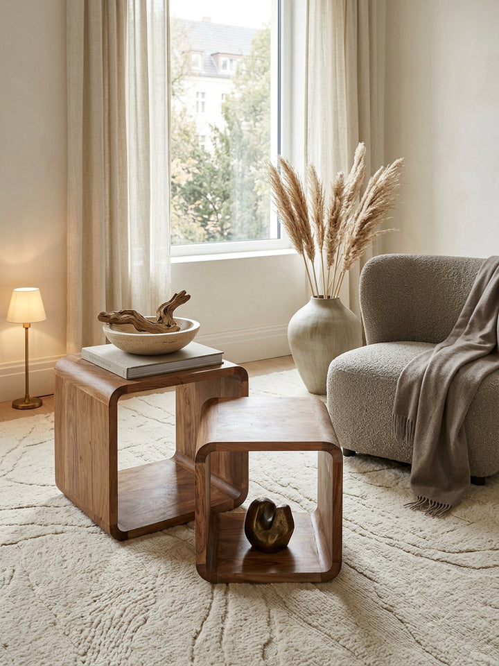 Moderne Akazie Satztische 2er Set_ Massivholz - Vielseitig &amp;amp; Handgefertigt - KADIMA DESIGN_Größe_ 43x36x43 cm_