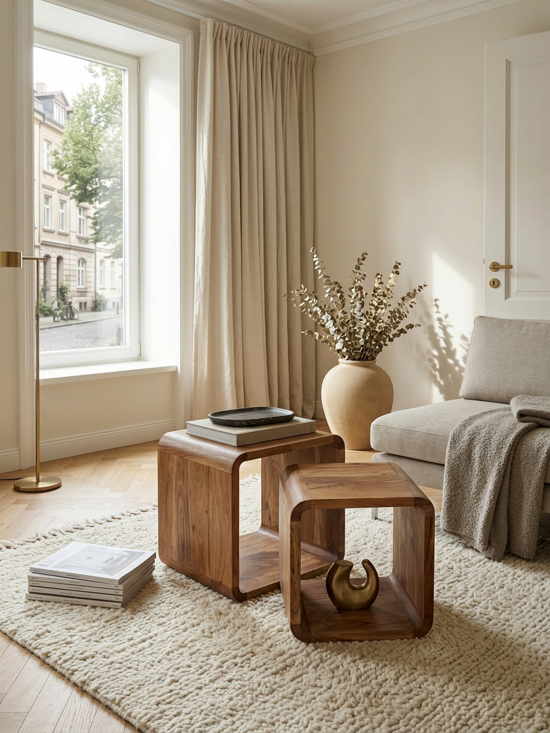 Moderne Akazie Satztische 2er Set_ Massivholz - Vielseitig &amp; Handgefertigt - KADIMA DESIGN_Größe_ 43x36x43 cm_