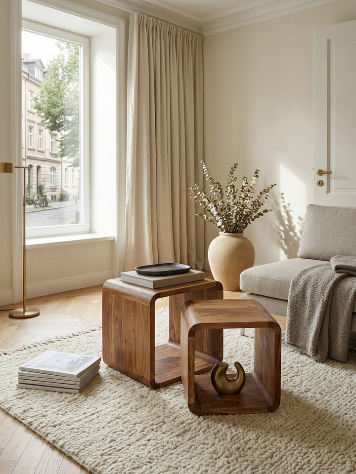 Moderne Akazie Satztische 2er Set_ Massivholz - Vielseitig &amp;amp; Handgefertigt - KADIMA DESIGN_Größe_ 43x36x43 cm_