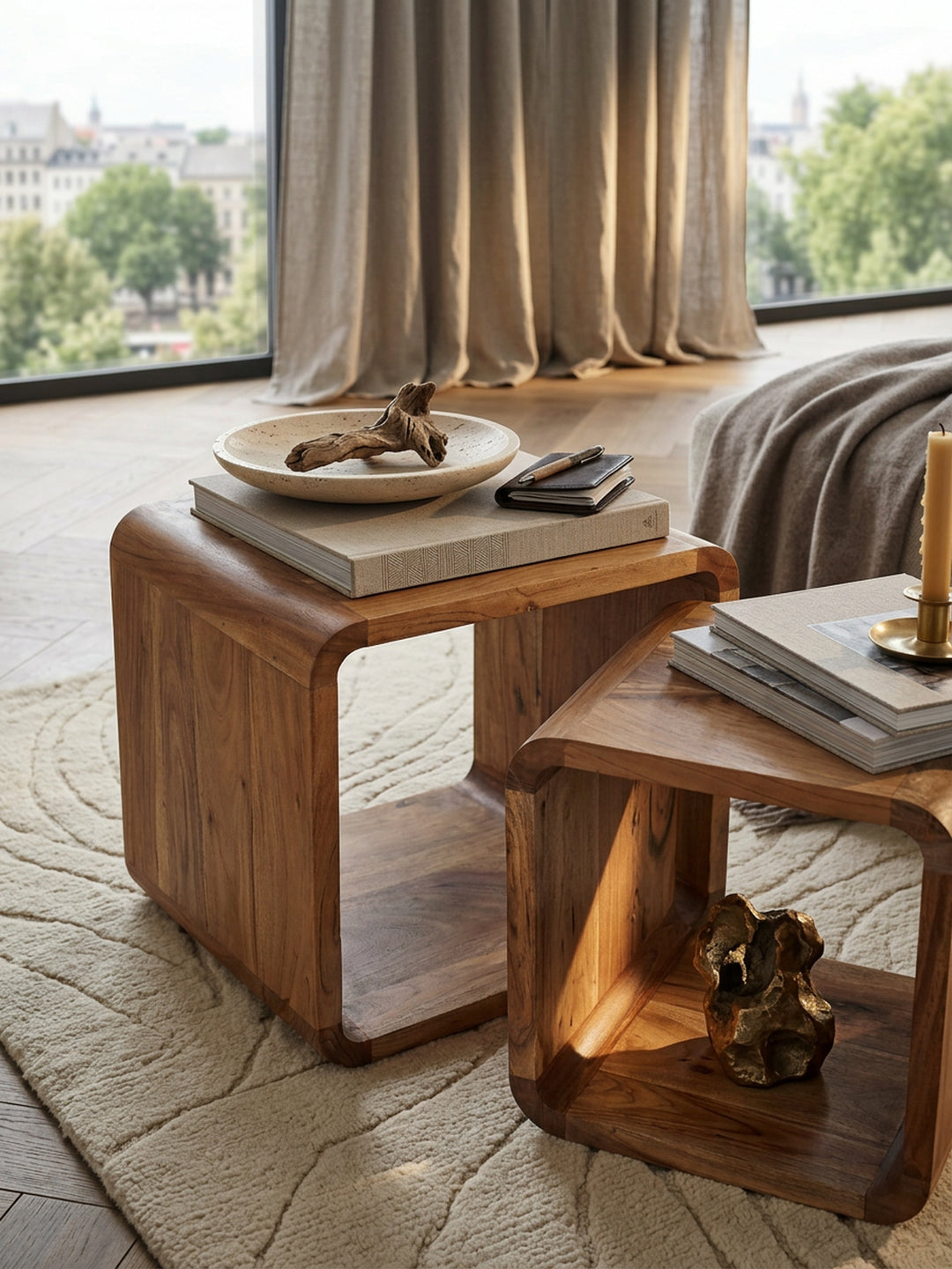 Moderne Akazie Satztische 2er Set_ Massivholz - Vielseitig &amp; Handgefertigt - KADIMA DESIGN_Größe_ 43x36x43 cm_
