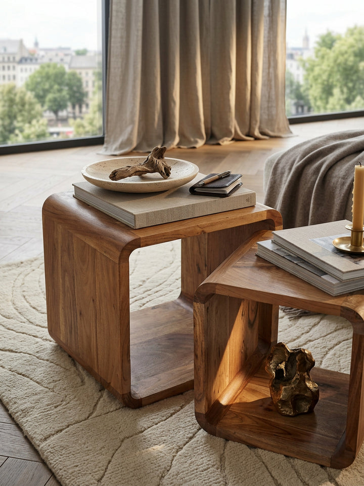 Moderne Akazie Satztische 2er Set_ Massivholz - Vielseitig &amp;amp; Handgefertigt - KADIMA DESIGN_Größe_ 43x36x43 cm_