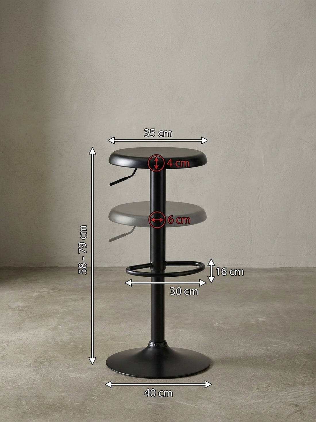Maßzeichnung Barhocker – Schwarz, höhenverstellbar, mit Fußablage, 40x58–79 cm