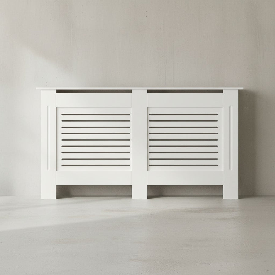 Moderne Heizkörperabdeckung mit Lamellenmuster_ Elegante Lösung zur Verbesserung der Raumgestaltung_ Weiß - KADIMA DESIGN_Größe_ 152x19x83 cm_