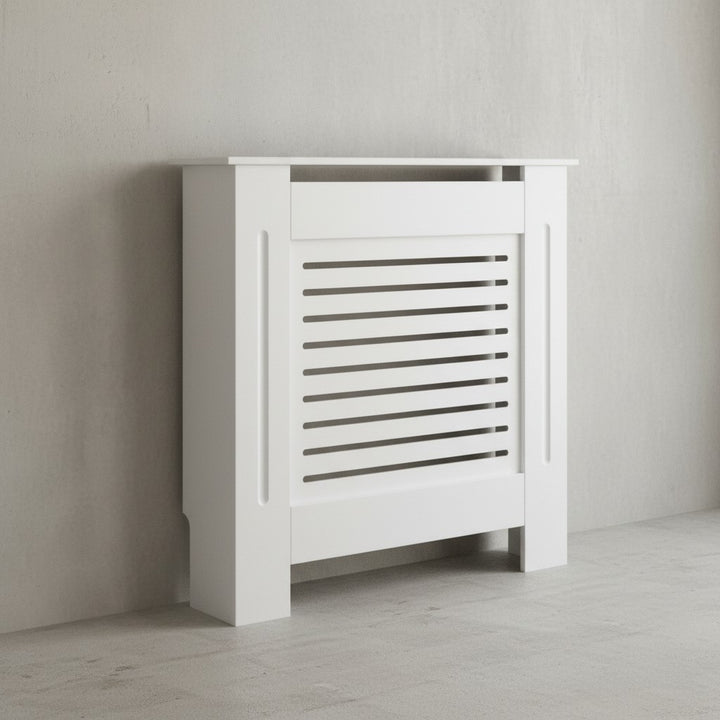 Moderne Heizkörperverkleidung mit Lamellenoptik aus wärmebeständigem MDF_ Weiß - KADIMA DESIGN_Größe_ 78x19x82 cm_