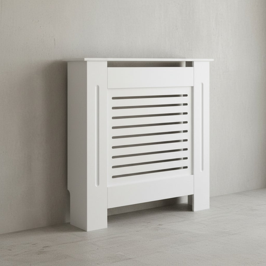 Moderne Heizkörperverkleidung mit Lamellenoptik aus wärmebeständigem MDF_ Weiß - KADIMA DESIGN_Größe_ 78x19x82 cm_