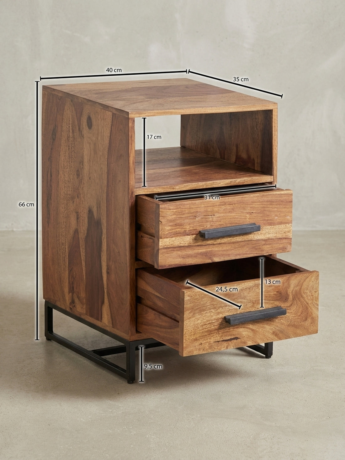 Maßzeichnung Nachttisch – Massivholz/Metall, Industrial-Stil, für Boxspringbett