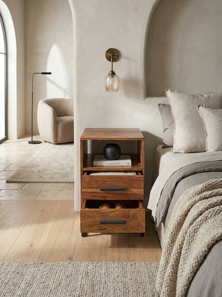 Moderne Nachtkommode im Industrial-Style_ Massivholz- und Metall-Design_ für Boxspringbetten - KADIMA DESIGN_Größe_ 40x35x66 cm_