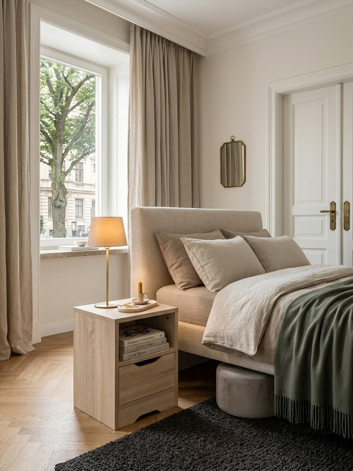 Draufsicht auf den quadratischen Nachttisch in heller Eichenoptik im modern eingerichteten Schlafzimmer. Die 31x31 cm kleine Ablagefläche bietet Platz für Lampen und edle Wohnaccessoires._