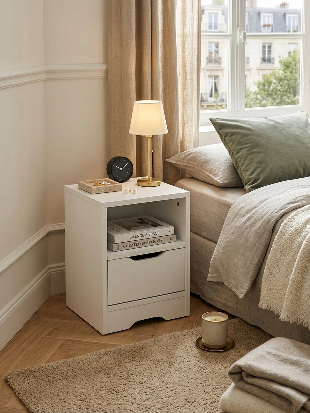 Elegante Draufsicht auf den kompakten weißen Nachtschrank mit offener Ablage und Schublade, harmonisch platziert neben dem Bett auf einem hochwertigen Wollteppich im Schlafzimmer._