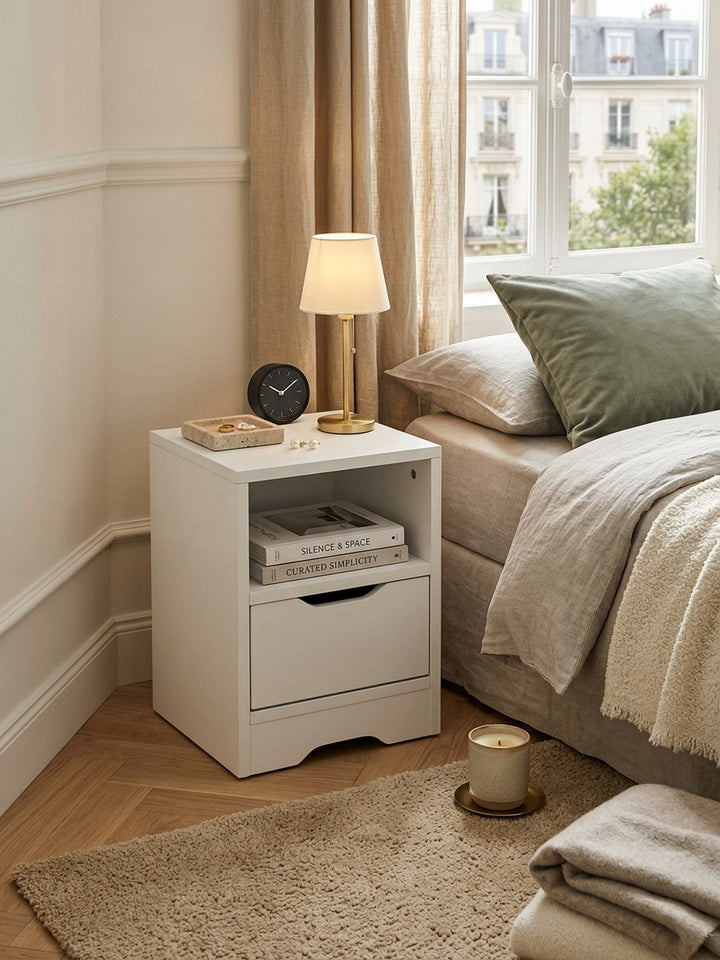 Elegante Draufsicht auf den kompakten weißen Nachtschrank mit offener Ablage und Schublade, harmonisch platziert neben dem Bett auf einem hochwertigen Wollteppich im Schlafzimmer._