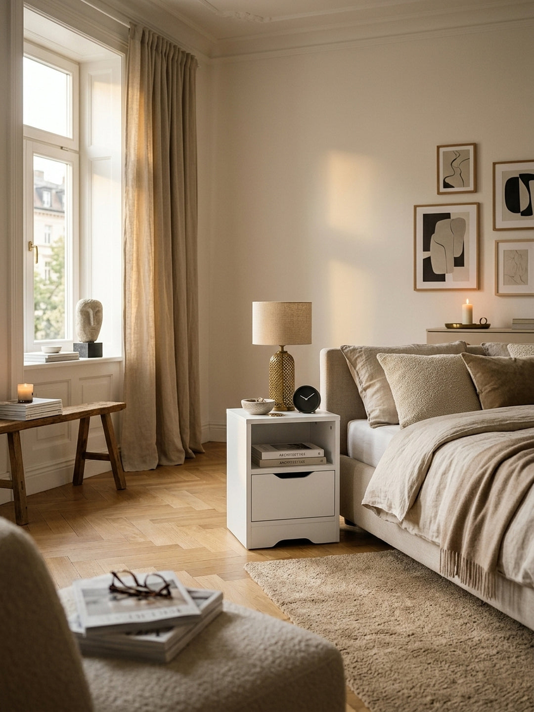 Minimalistischer matter weißer Nachttisch 31x43x31cm neben einem edlen Polsterbett in einem luxuriösen Schlafzimmer mit Eichenparkett, warmen Wandfarben und stilvoller Beleuchtung._