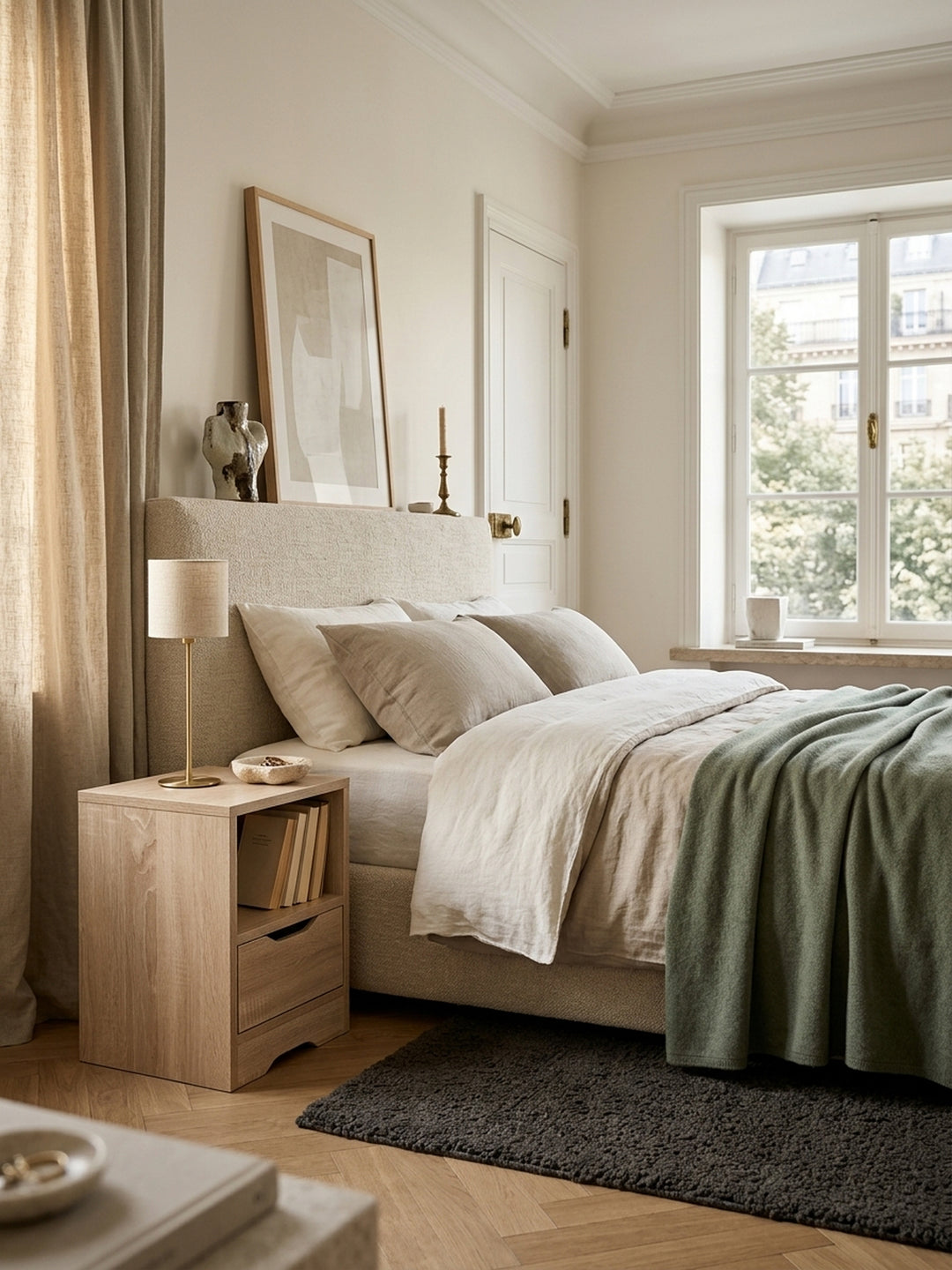 Kompakte Nachtkonsole in Sonoma Eiche (31x43x31 cm) neben einem eleganten Polsterbett in einem luxuriösen Schlafzimmer. Warme Holzoptik trifft auf dunklen Bouclé-Teppich und feines Leinen._