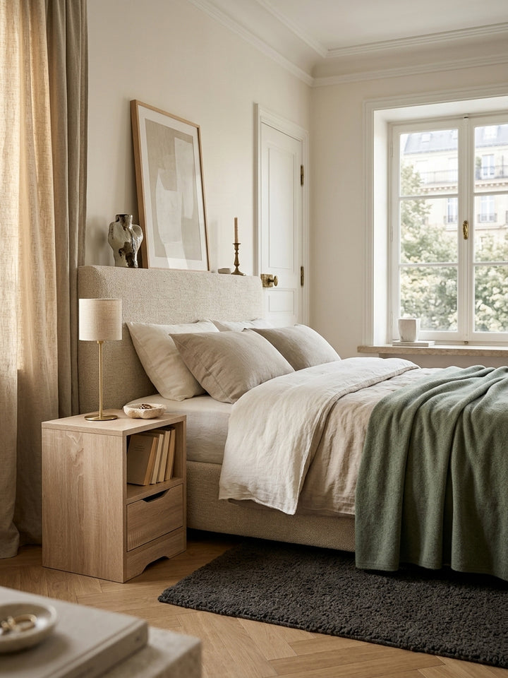 Kompakte Nachtkonsole in Sonoma Eiche (31x43x31 cm) neben einem eleganten Polsterbett in einem luxuriösen Schlafzimmer. Warme Holzoptik trifft auf dunklen Bouclé-Teppich und feines Leinen._