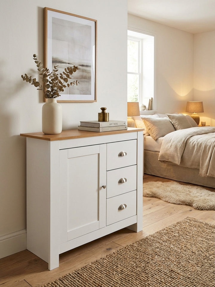 Kompaktes Sideboard 79x81 cm von oben betrachtet, zeigt die Eichenholz-Ablagefläche im Raumkontext mit Teppich und Sessel._