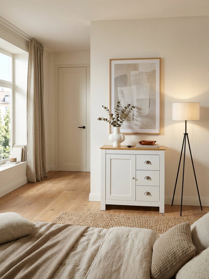 Moderne Kommode in Weiß und Eiche in einem hellen Wohnzimmer, dekoriert mit Vase und Büchern auf einem Holzdielenboden._