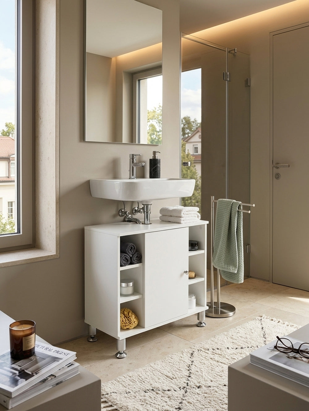 Draufsicht auf den Badschrank in Weiß unter einem Keramikwaschbecken. Die kompakten Maße von 60x32 cm fügen sich perfekt in das Badezimmer ein. Optimale Raumnutzung und Übersicht._