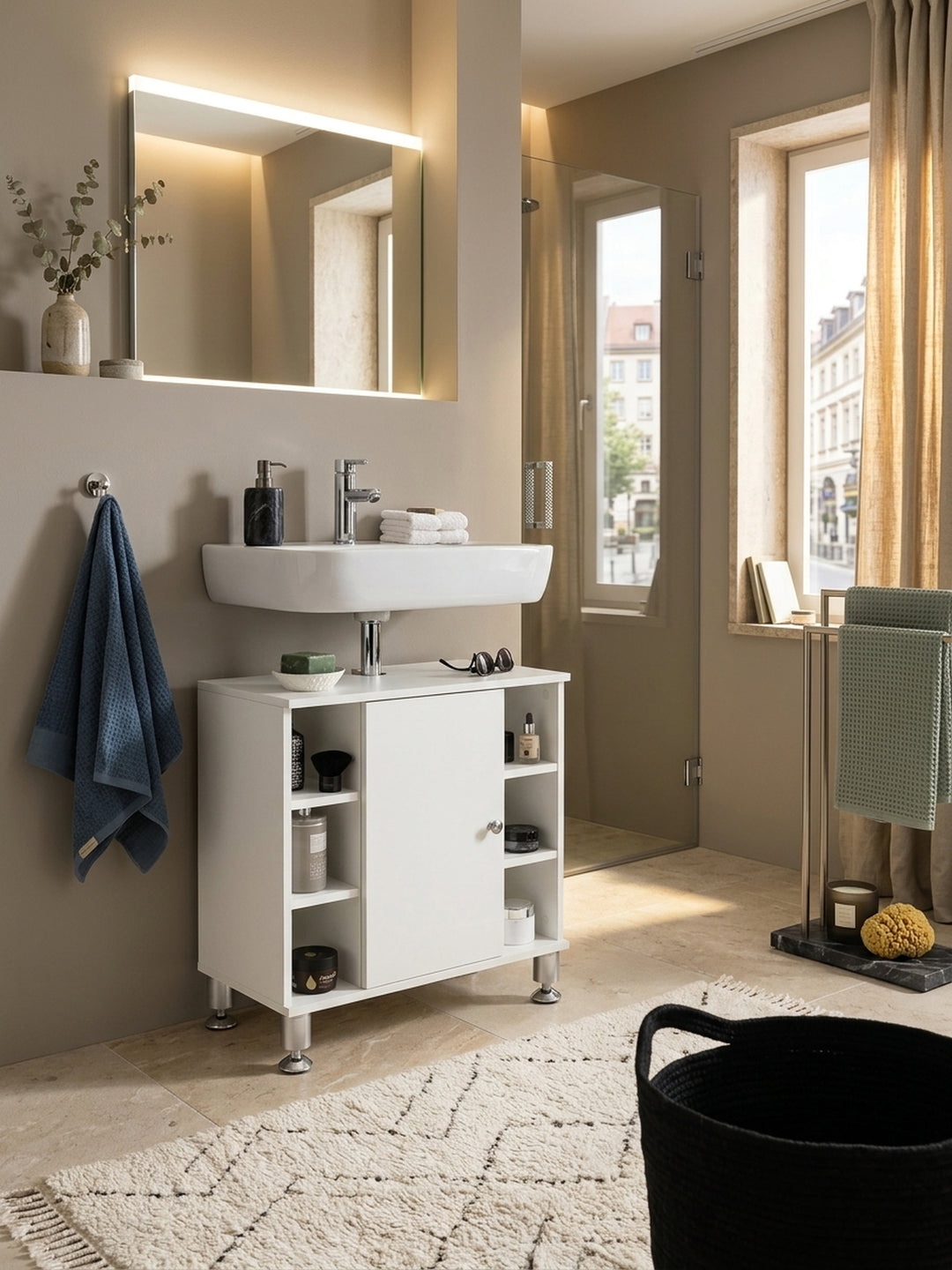 Eleganter weißer Waschbeckenunterschrank 60x64x32 cm im luxuriösen Badezimmer. Modernes Design mit Tür und offenen Fächern, dekoriert mit feinen Handtüchern auf edlem Natursteinboden._