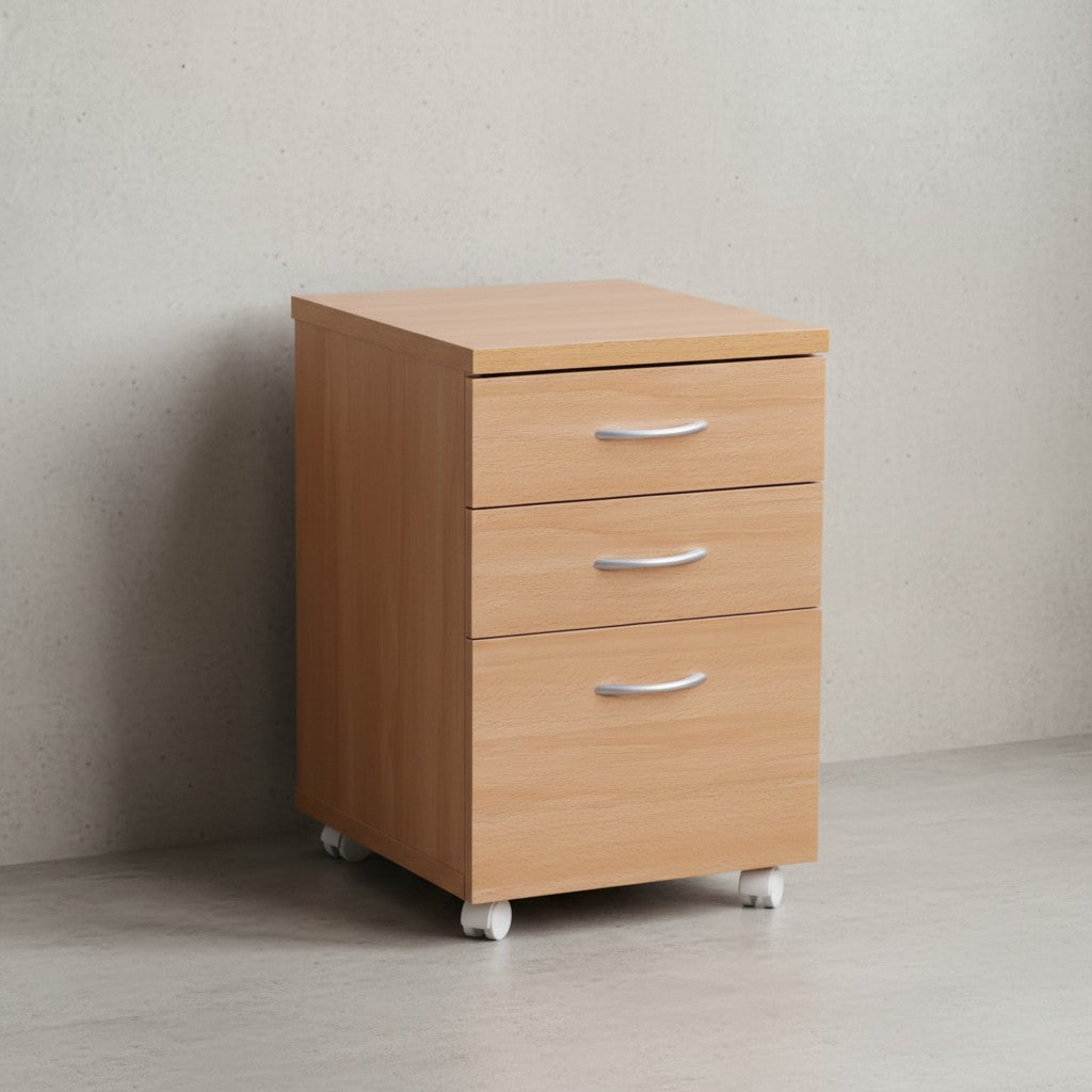 Moderner Büro Rollcontainer in Buche  60 cm  mit 3 Schubladen  elegante Aluminiumgriffe  praktische Rollen für leichte Beweglichkeit - KADIMA DESIGN Größe  45x40x60 cm