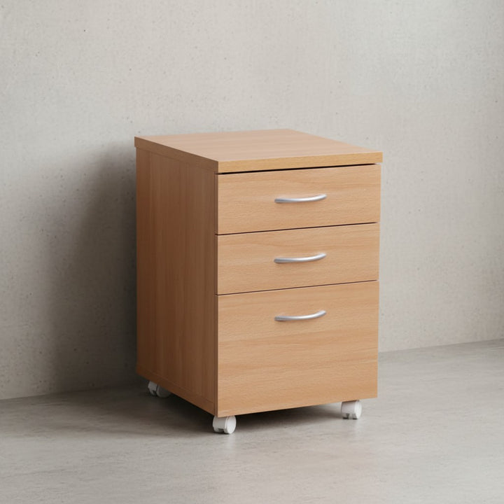 Moderner Büro Rollcontainer in Buche_ 60 cm_ mit 3 Schubladen_ elegante Aluminiumgriffe_ praktische Rollen für leichte Beweglichkeit - KADIMA DESIGN_Größe_ 45x40x60 cm_