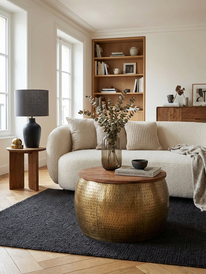 Ein runder Couchtisch aus goldenem Metall und Mango Massivholz steht als eleganter Mittelpunkt in einem hellen, modernen Wohnzimmer vor einer cremefarbenen Couch._