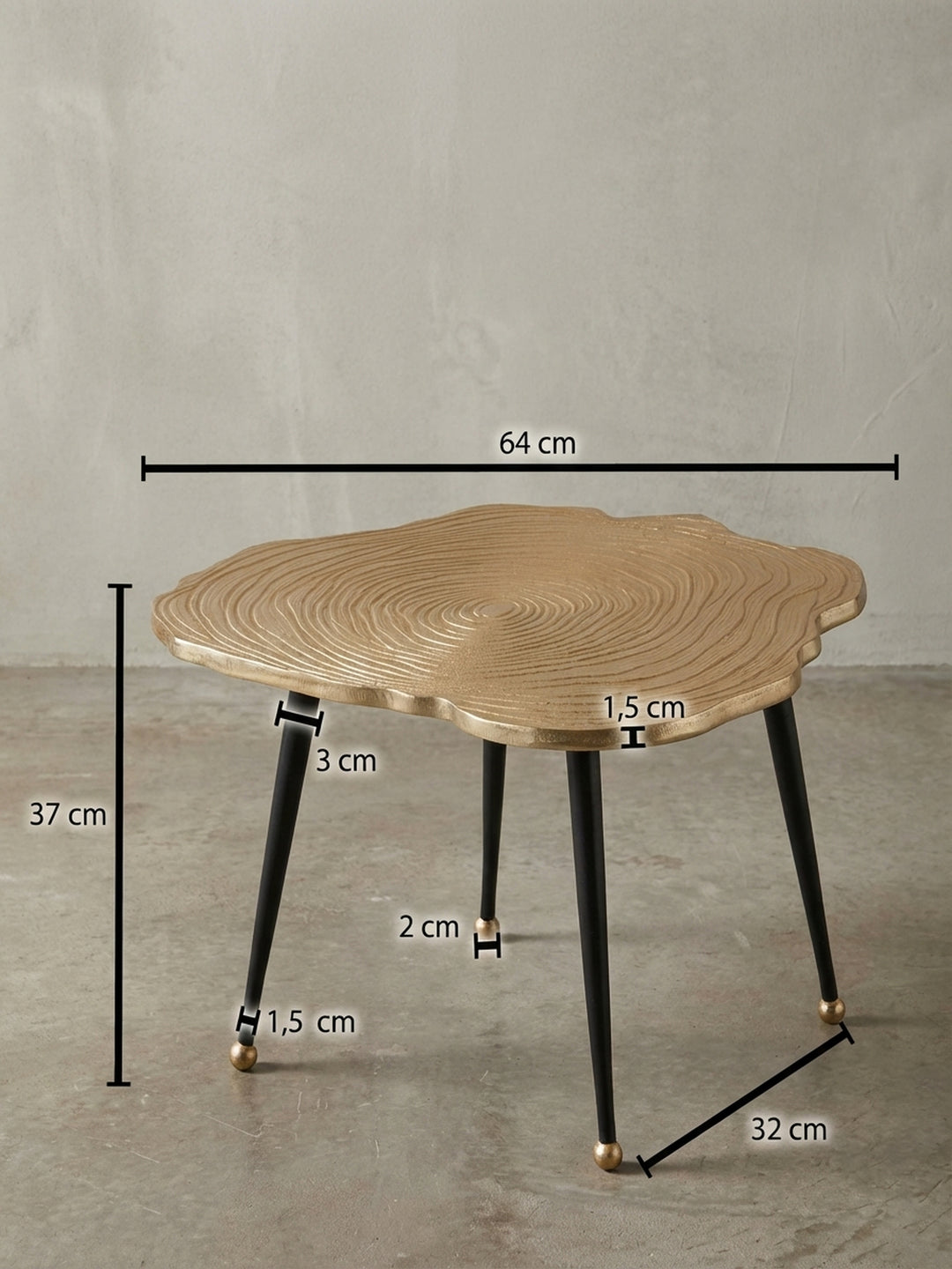 Technisches Maßbild des Couchtischs mit exakten Abmessungen: Breite 64 cm, Tiefe 64 cm und Höhe 37 cm für die präzise Raumplanung im Wohnzimmer._