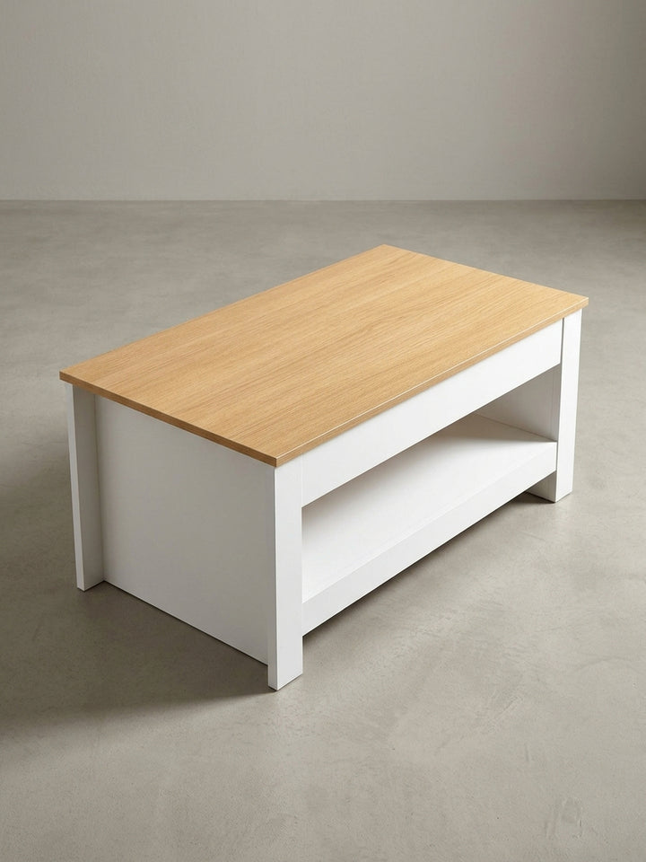 Couchtisch mit praktischem Stauraum unter der Platte, Ansicht mit geschlossener Tischplatte in Eiche-Dekor, perfekt für das moderne Wohnzimmer._