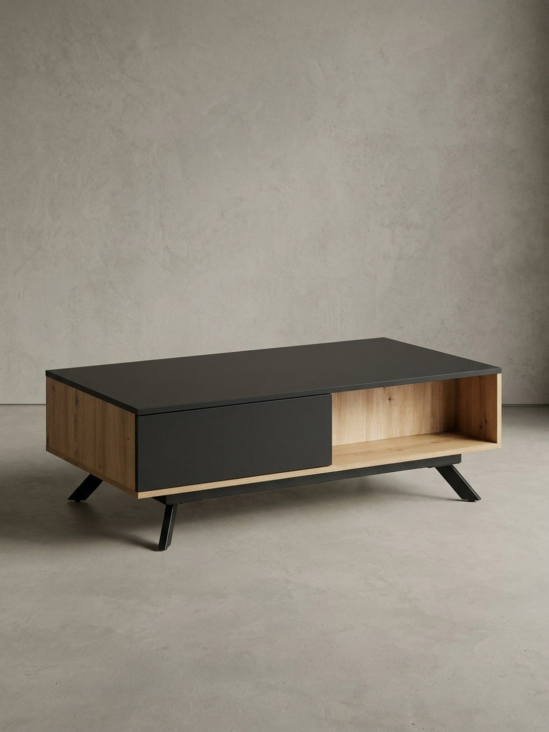 Rechteckiger Couchtisch 110x60x38 cm mit schwarzen Metallbeinen und Korpus in Eiche-Dekor, Frontalansicht auf weißem Hintergrund._