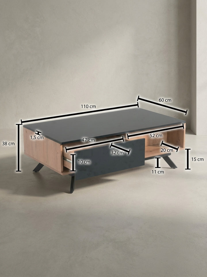 Technische Zeichnung des Couchtisches mit exakten Maßen: Länge 110 cm, Breite 60 cm, Höhe 38 cm, für eine genaue Raumplanung im Wohnzimmer._