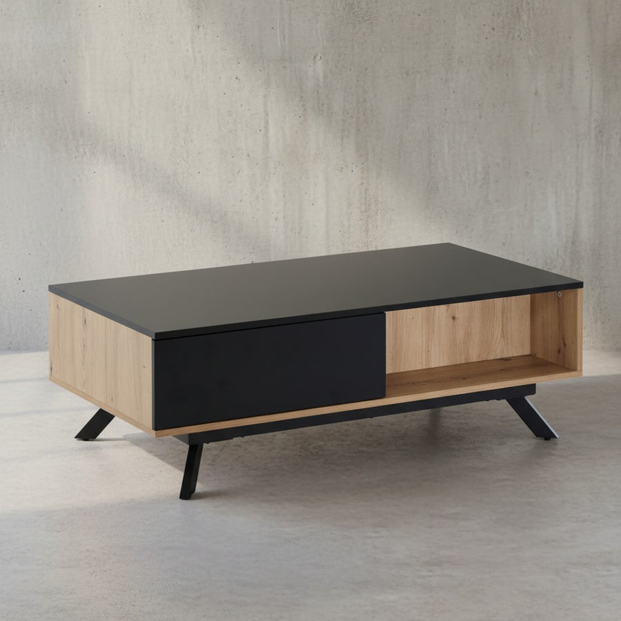 Moderner Couchtisch mit Stauraum_ Eiche-Dekor und Schwarz_ 110x60x38 cm_ robust und wasserabweisend - KADIMA DESIGN_Größe_ 110x60x38 cm_