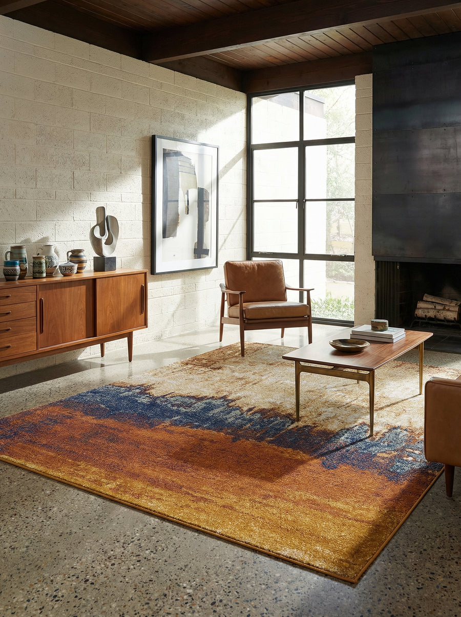 Moderner Designerteppich_Abstraktes Muster in Trendfarben Orange-Blau_Strapazierfähig und Pflegeleicht - LODI-Adda Kollektion_