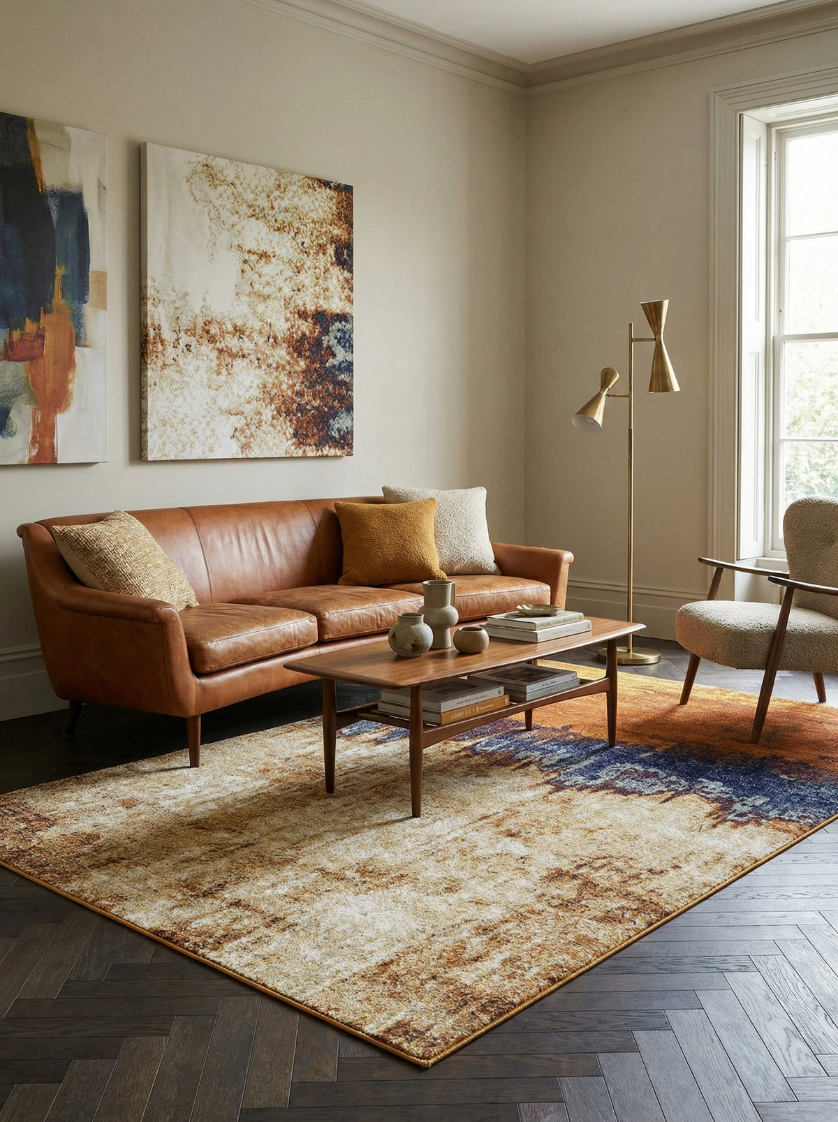 Moderner Designerteppich_Abstraktes Muster in Trendfarben Orange-Blau_Strapazierfähig und Pflegeleicht - LODI-Adda Kollektion_