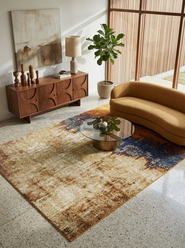 Moderner Designerteppich_Abstraktes Muster in Trendfarben Orange-Blau_Strapazierfähig und Pflegeleicht - LODI-Adda Kollektion_