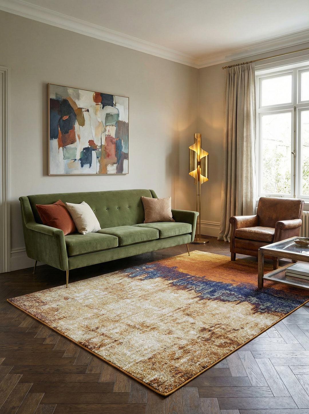 Moderner Designerteppich_Abstraktes Muster in Trendfarben Orange-Blau_Strapazierfähig und Pflegeleicht - LODI-Adda Kollektion_