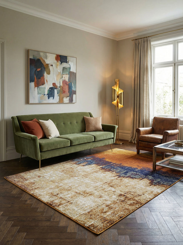 Moderner Designerteppich_Abstraktes Muster in Trendfarben Orange-Blau_Strapazierfähig und Pflegeleicht - LODI-Adda Kollektion_